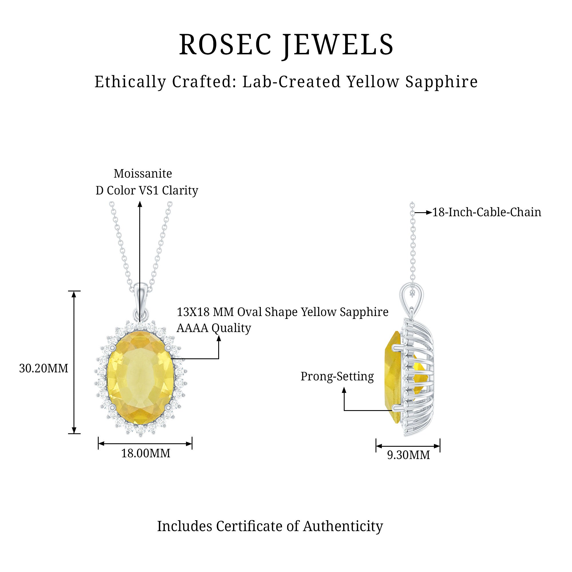 Certified 13X18 MM Lab Grown Yellow Sapphire Cocktail Necklace With Silver Chain