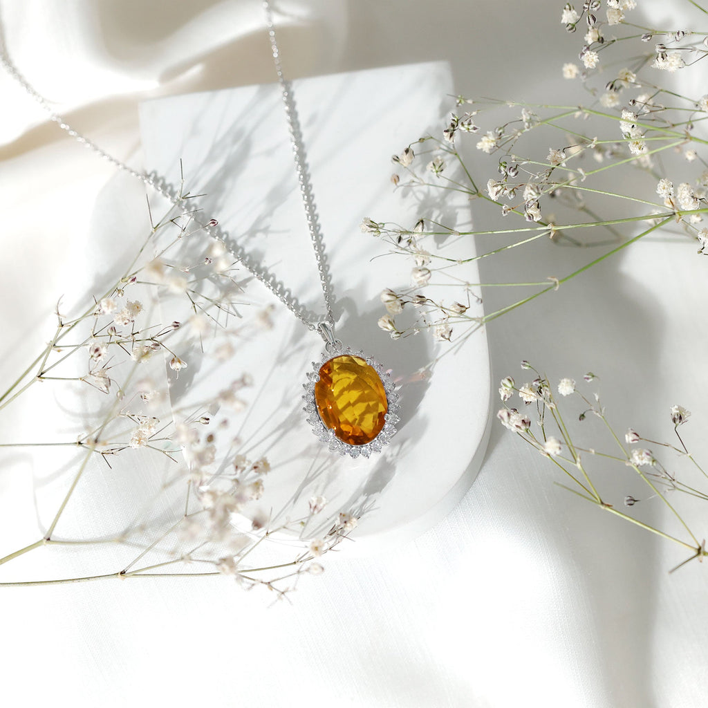 Certified 13X18 MM Lab Grown Yellow Sapphire Cocktail Necklace With Silver Chain