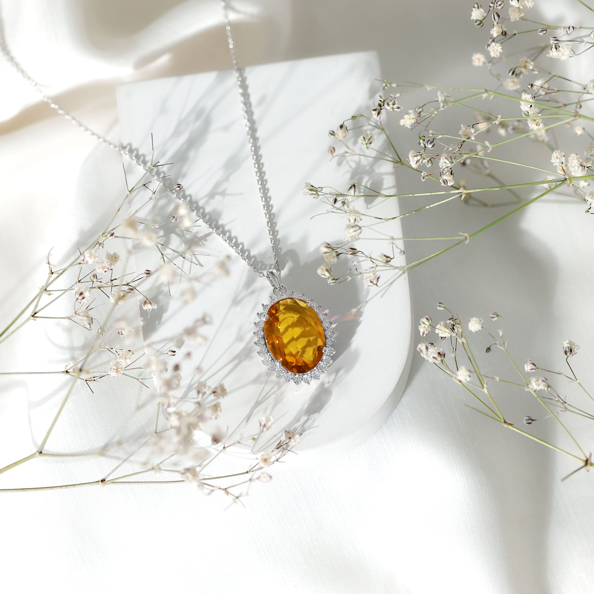 Certified 13X18 MM Lab Grown Yellow Sapphire Cocktail Necklace With Silver Chain