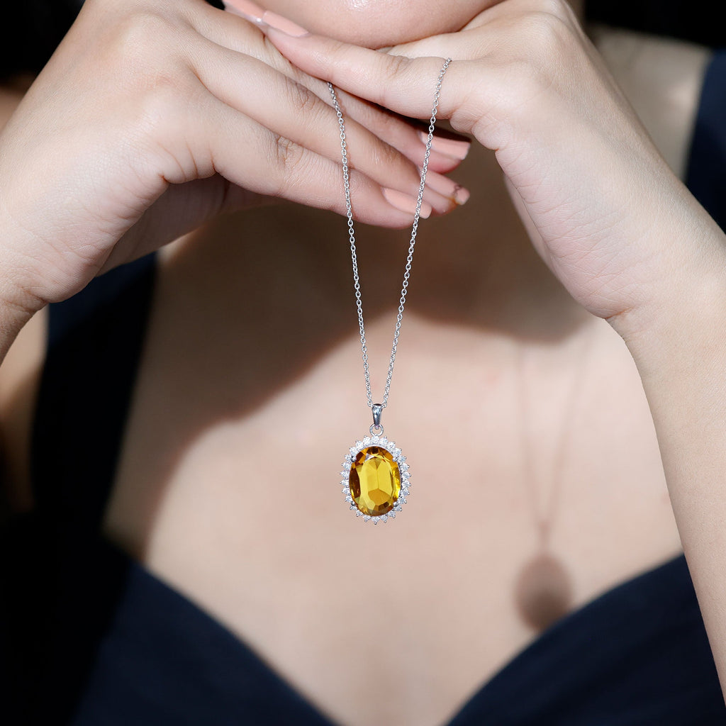 Certified 13X18 MM Lab Grown Yellow Sapphire Cocktail Necklace With Silver Chain