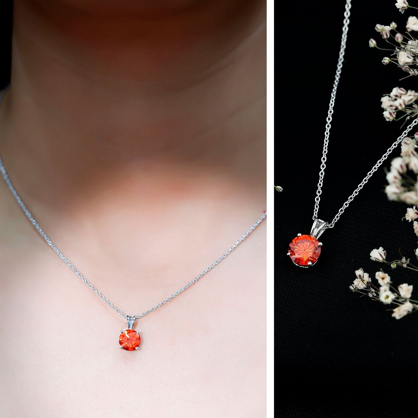 Lab Grown Orange Sapphire 2 Carat Necklace With Silver Chain