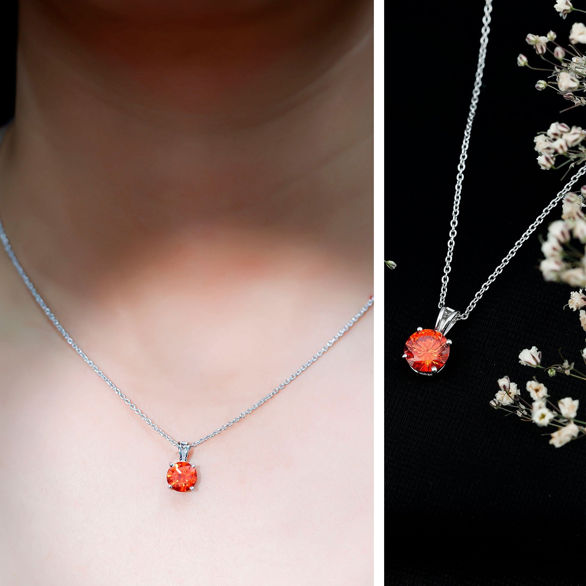 Lab Grown Orange Sapphire 2 Carat Necklace With Silver Chain