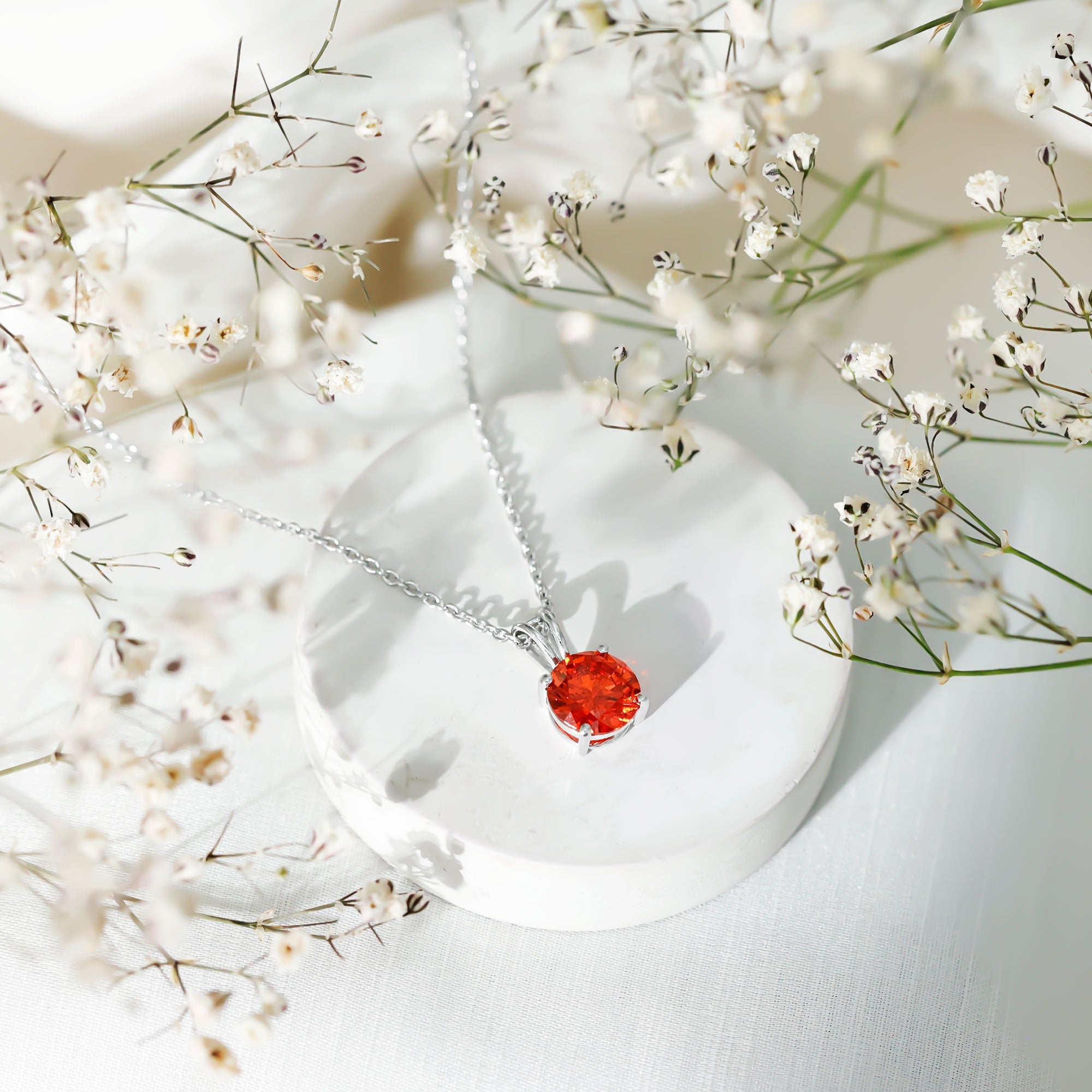 Lab Grown Orange Sapphire 2 Carat Necklace With Silver Chain