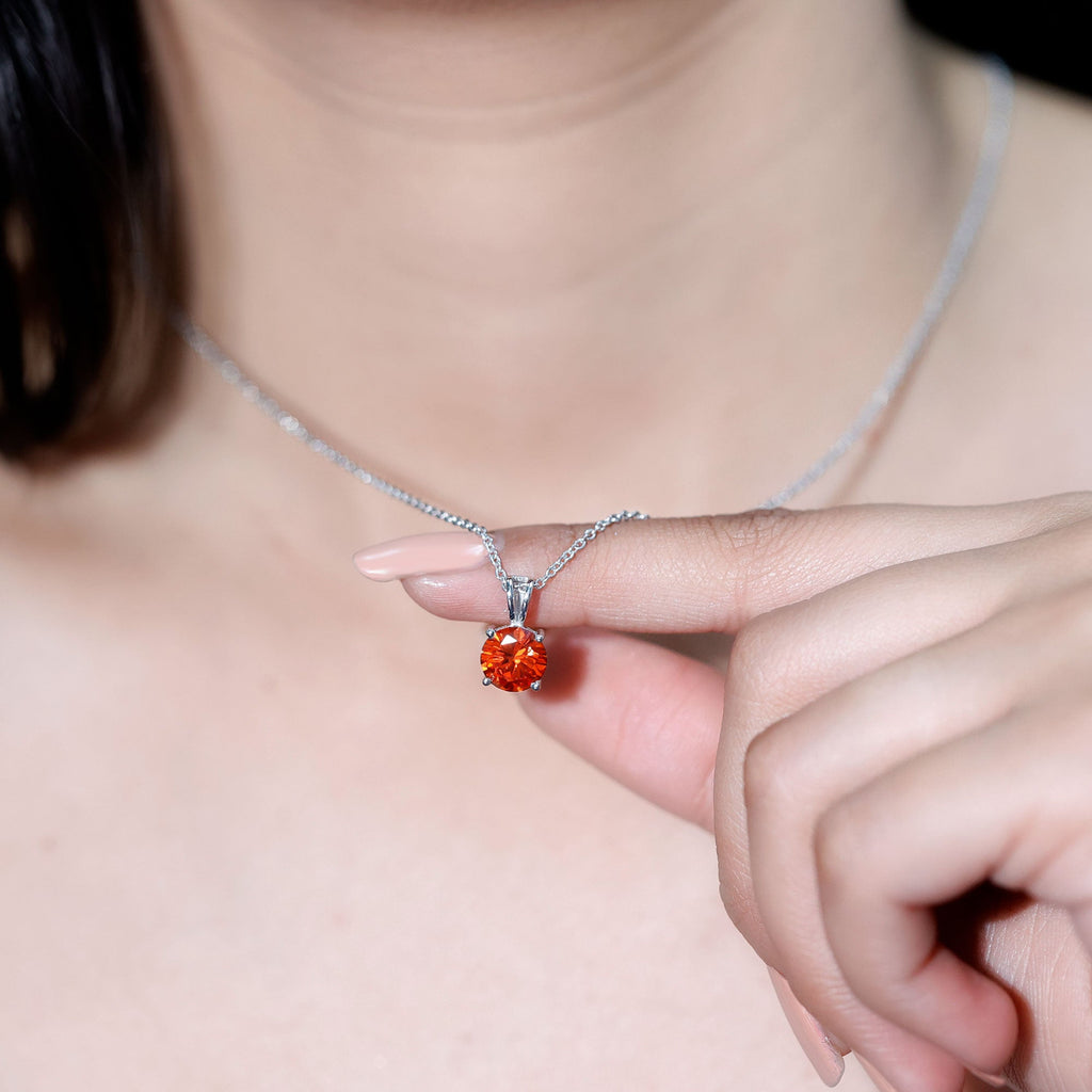 Lab Grown Orange Sapphire 2 Carat Necklace With Silver Chain