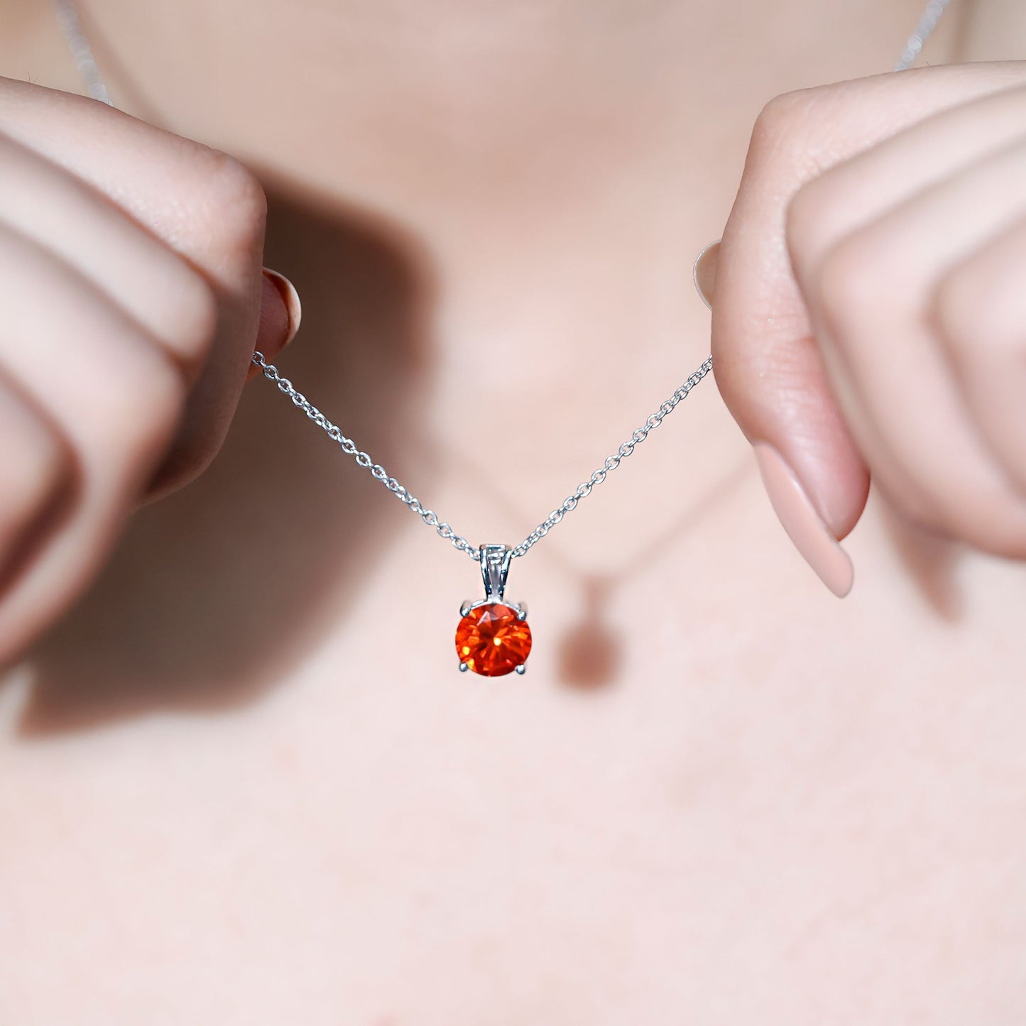Lab Grown Orange Sapphire 2 Carat Necklace With Silver Chain