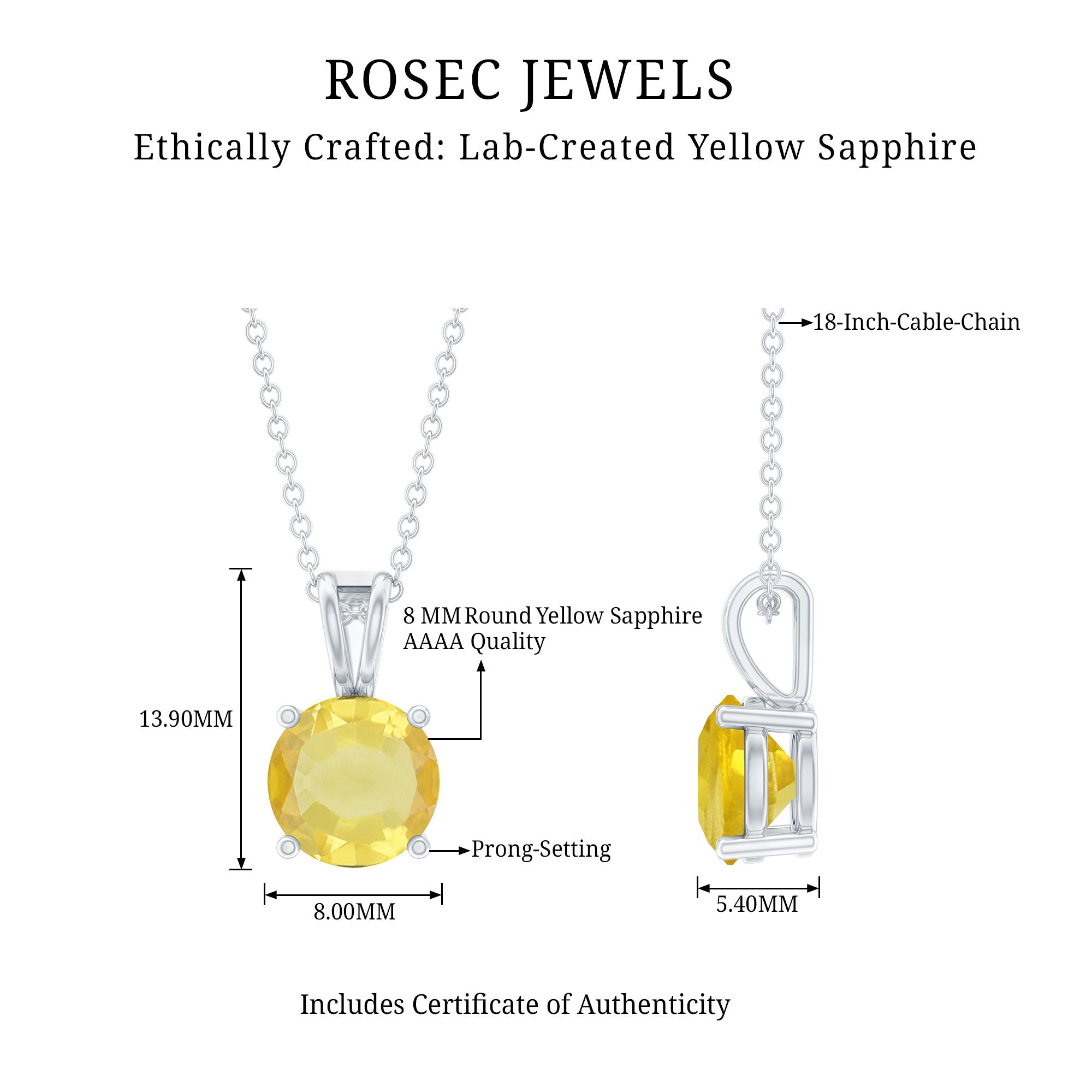 Lab Created 8 MM Yellow Sapphire Solitaire Necklace with Chain