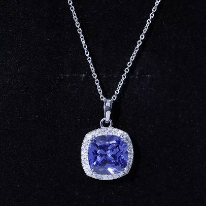 12 MM Cushion Cut Lab Created Blue Sapphire Moissanite Halo Necklace