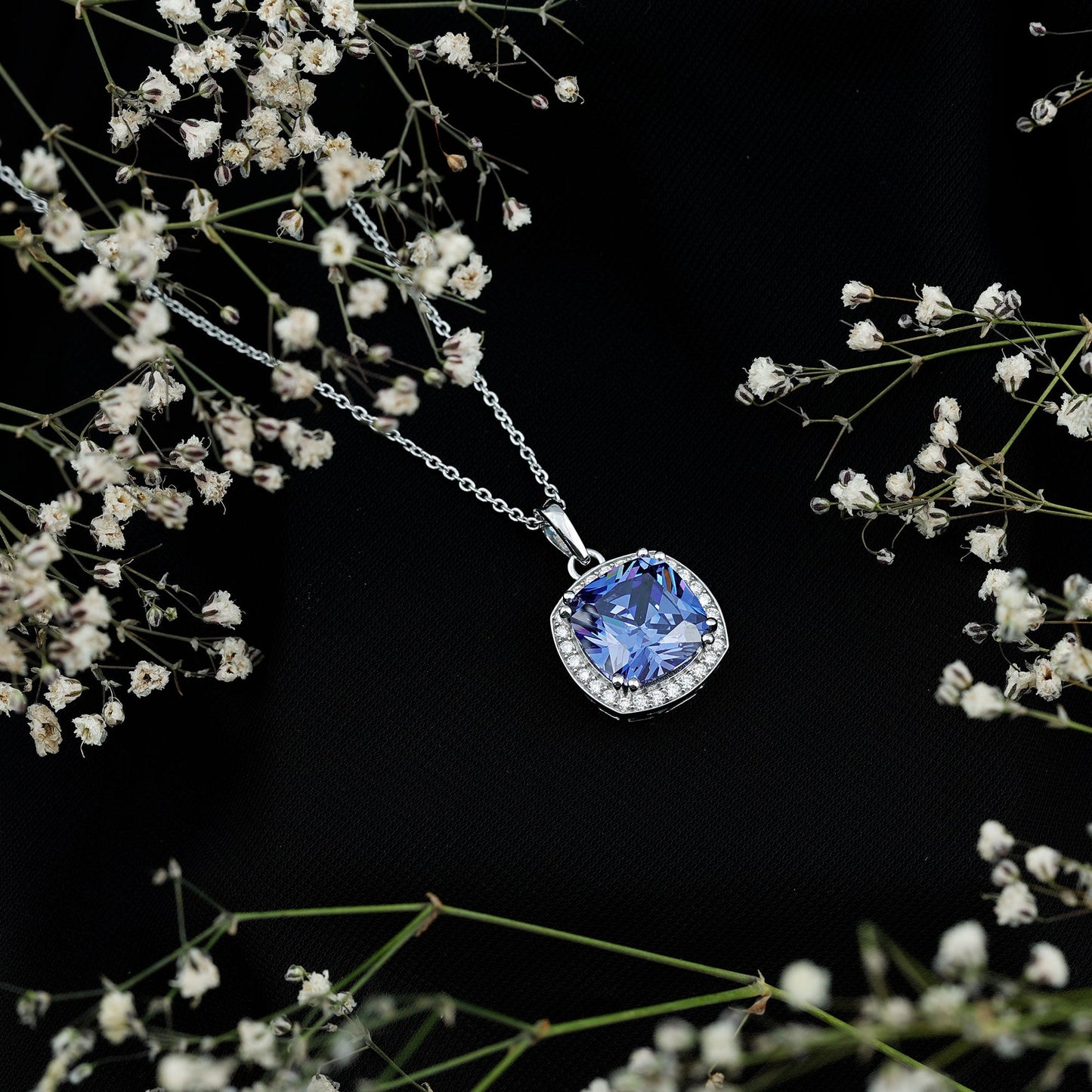 12 MM Cushion Cut Lab Created Blue Sapphire Moissanite Halo Necklace