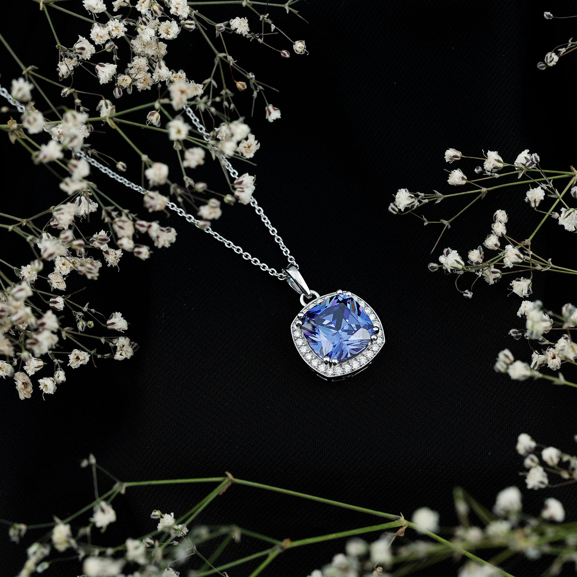 12 MM Cushion Cut Lab Created Blue Sapphire Moissanite Halo Necklace