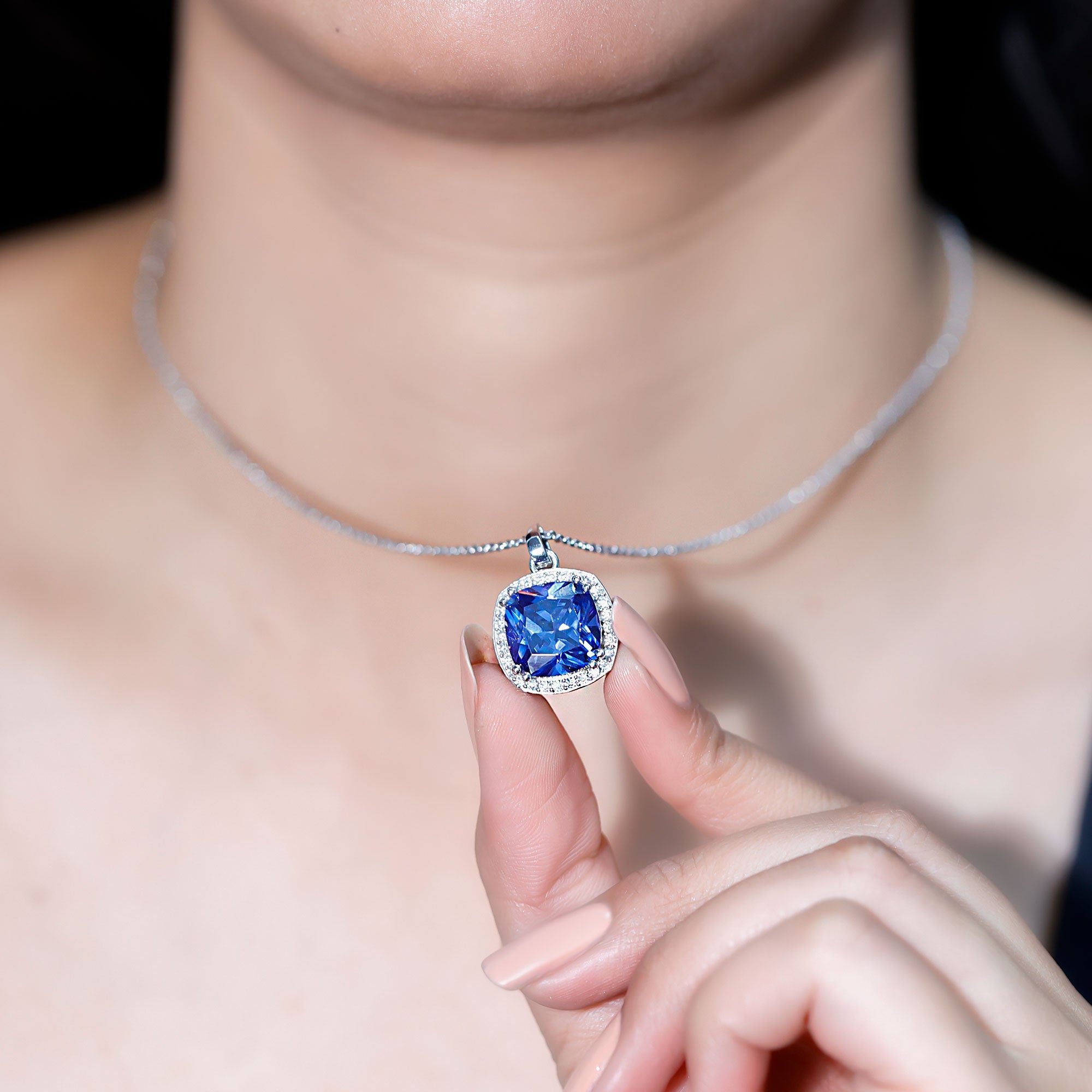 12 MM Cushion Cut Lab Created Blue Sapphire Moissanite Halo Necklace
