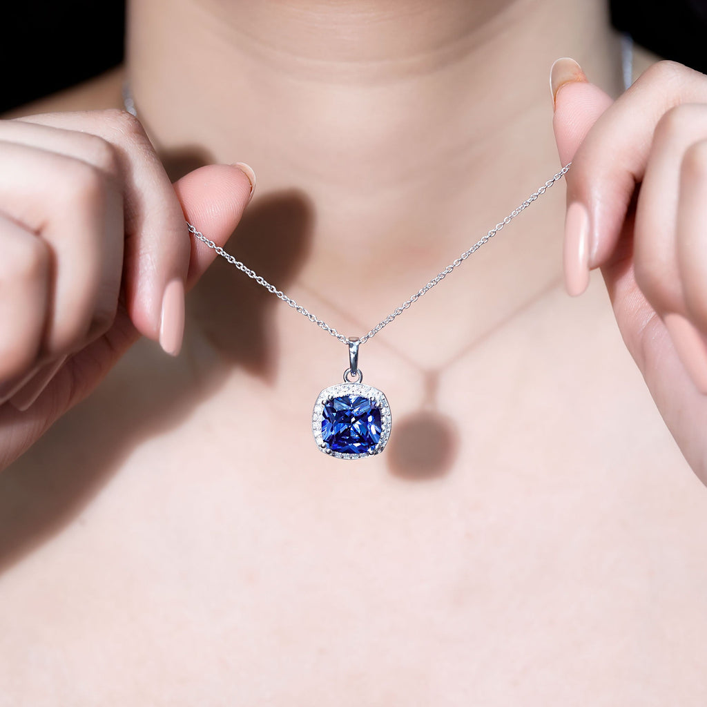 12 MM Cushion Cut Lab Created Blue Sapphire Moissanite Halo Necklace