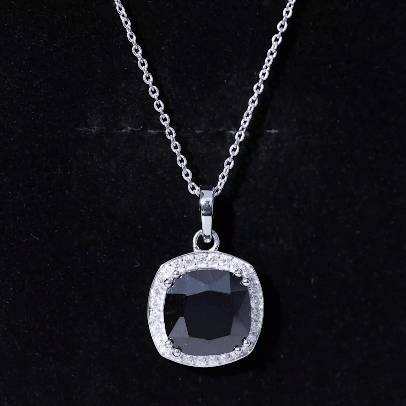 12 MM Cushion Cut Lab Grown Black Diamond Halo Necklace With Silver Chain