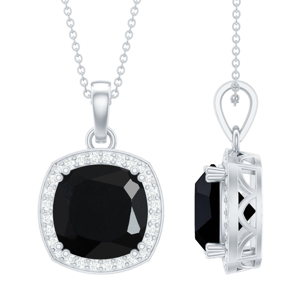 12 MM Cushion Cut Lab Grown Black Diamond Halo Necklace With Silver Chain