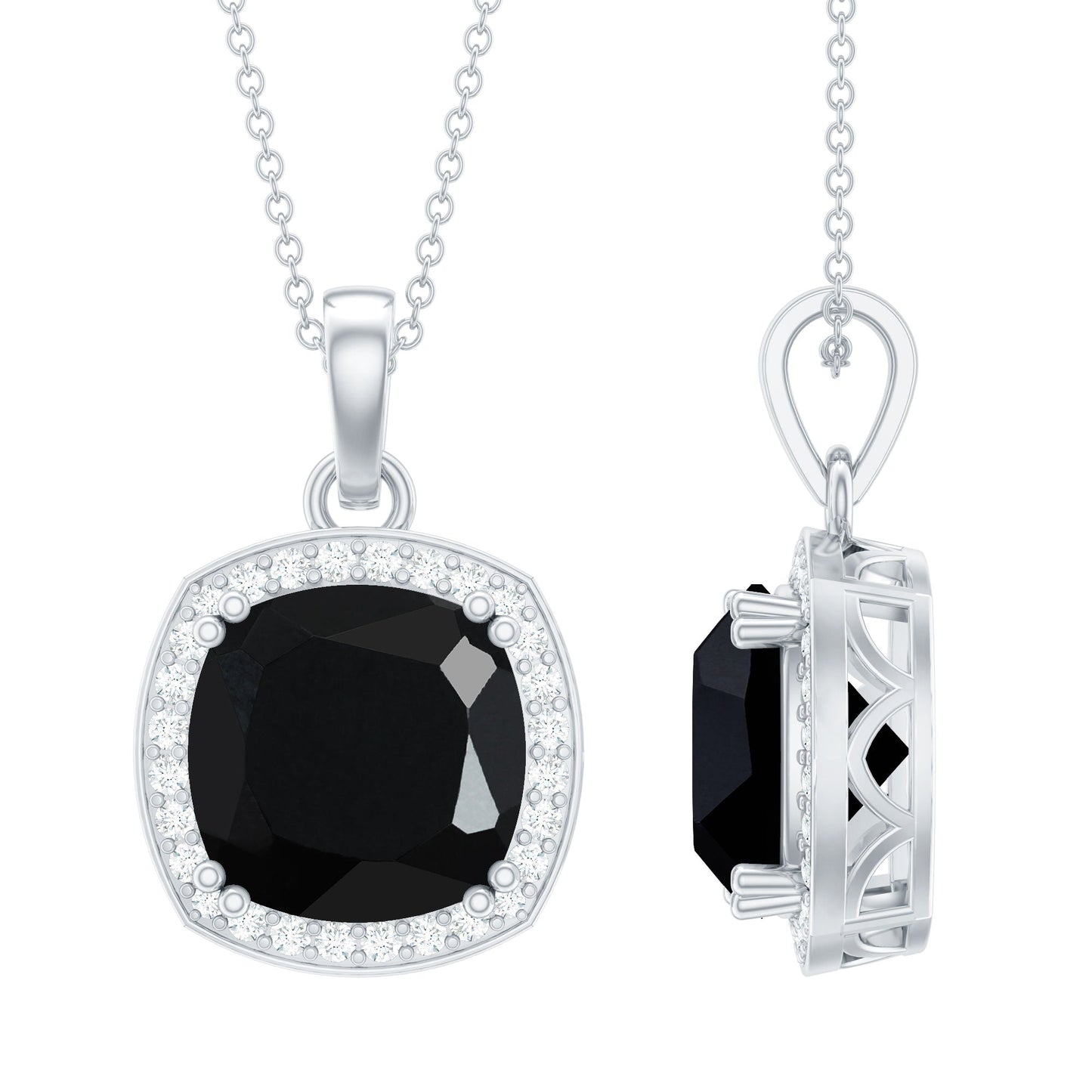 12 MM Cushion Cut Lab Grown Black Diamond Halo Necklace With Silver Chain