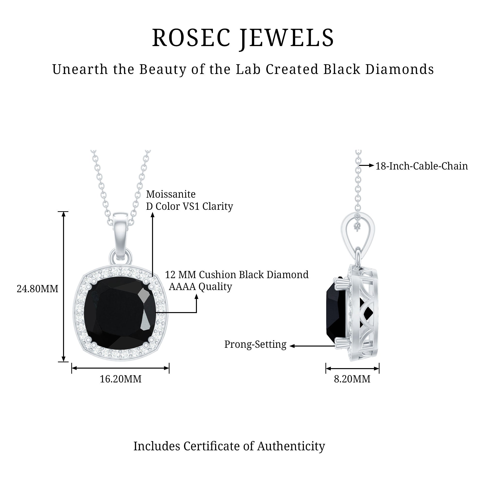 12 MM Cushion Cut Lab Grown Black Diamond Halo Necklace With Silver Chain