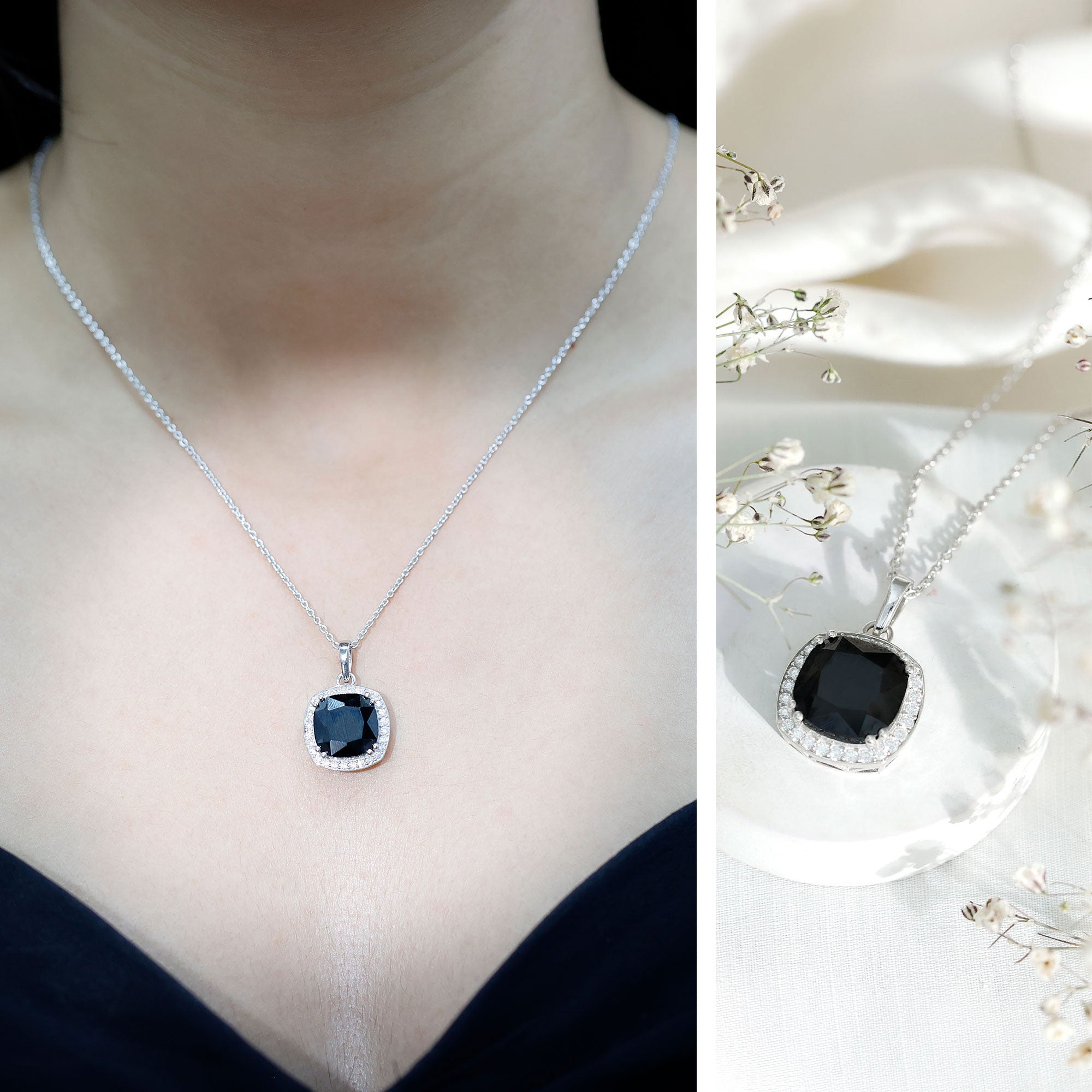 12 MM Cushion Cut Lab Grown Black Diamond Halo Necklace With Silver Chain