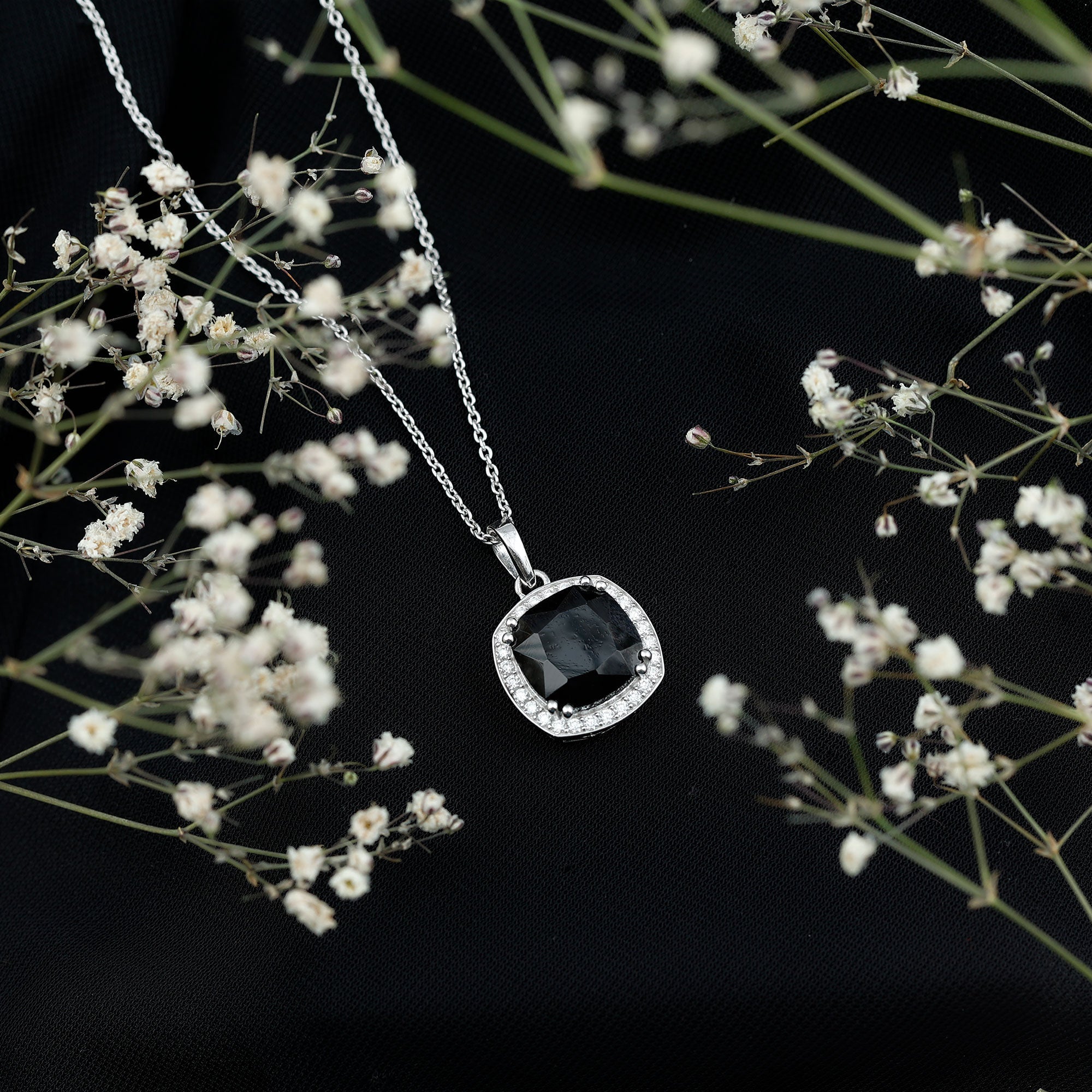 12 MM Cushion Cut Lab Grown Black Diamond Halo Necklace With Silver Chain
