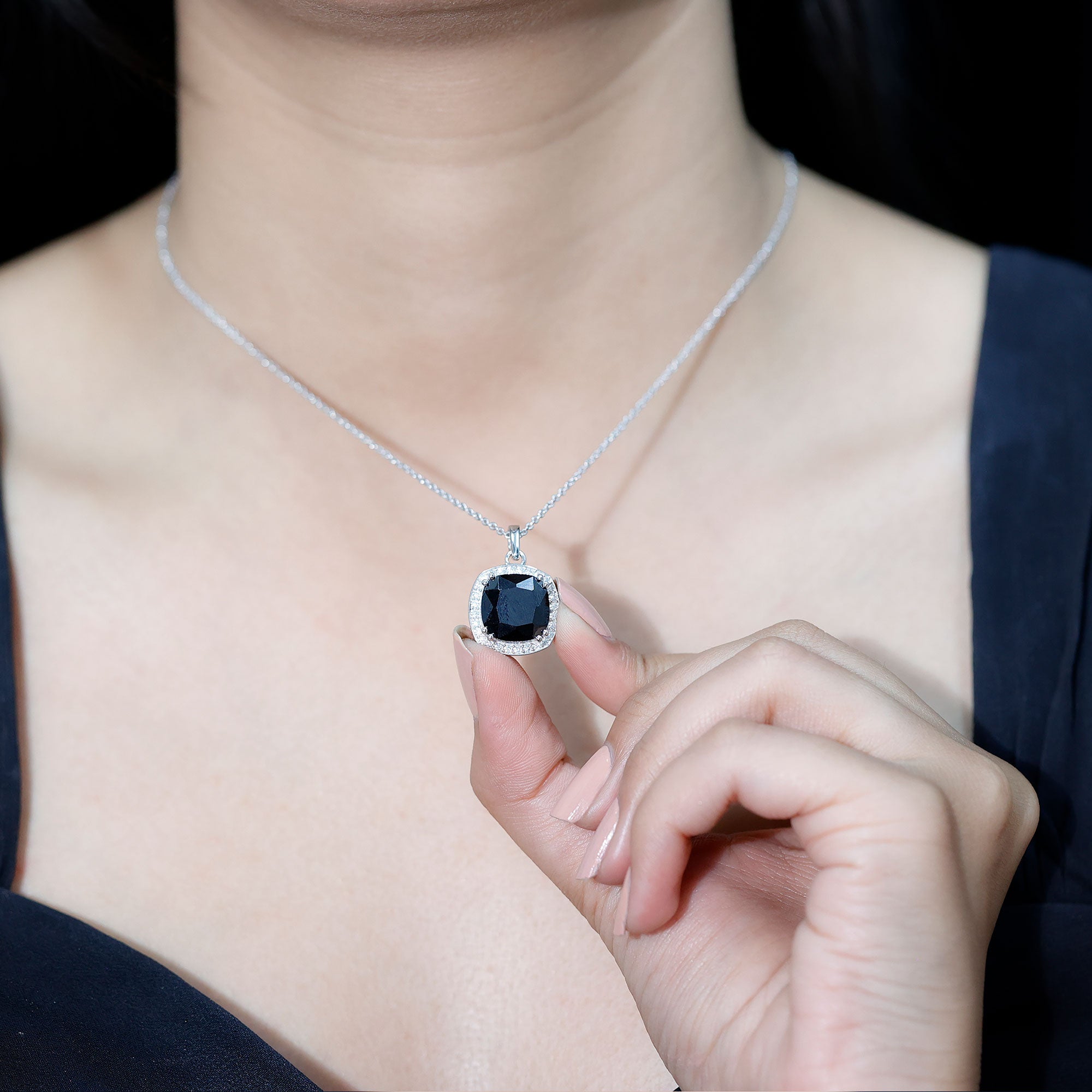 12 MM Cushion Cut Lab Grown Black Diamond Halo Necklace With Silver Chain