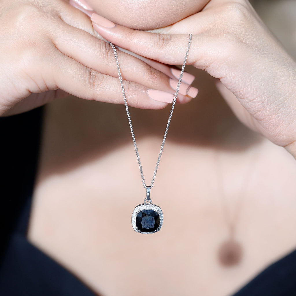 12 MM Cushion Cut Lab Grown Black Diamond Halo Necklace With Silver Chain