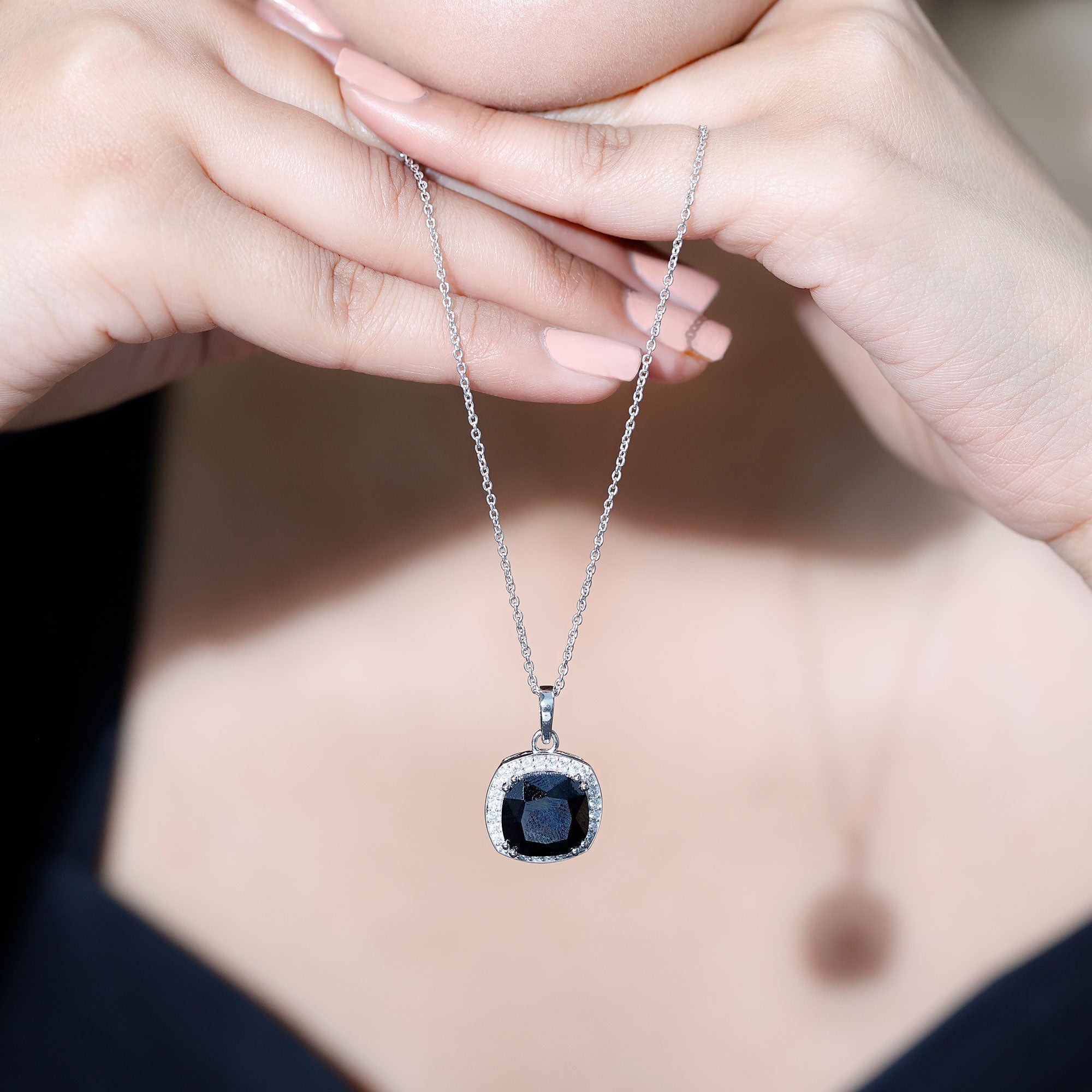 12 MM Cushion Cut Lab Grown Black Diamond Halo Necklace With Silver Chain
