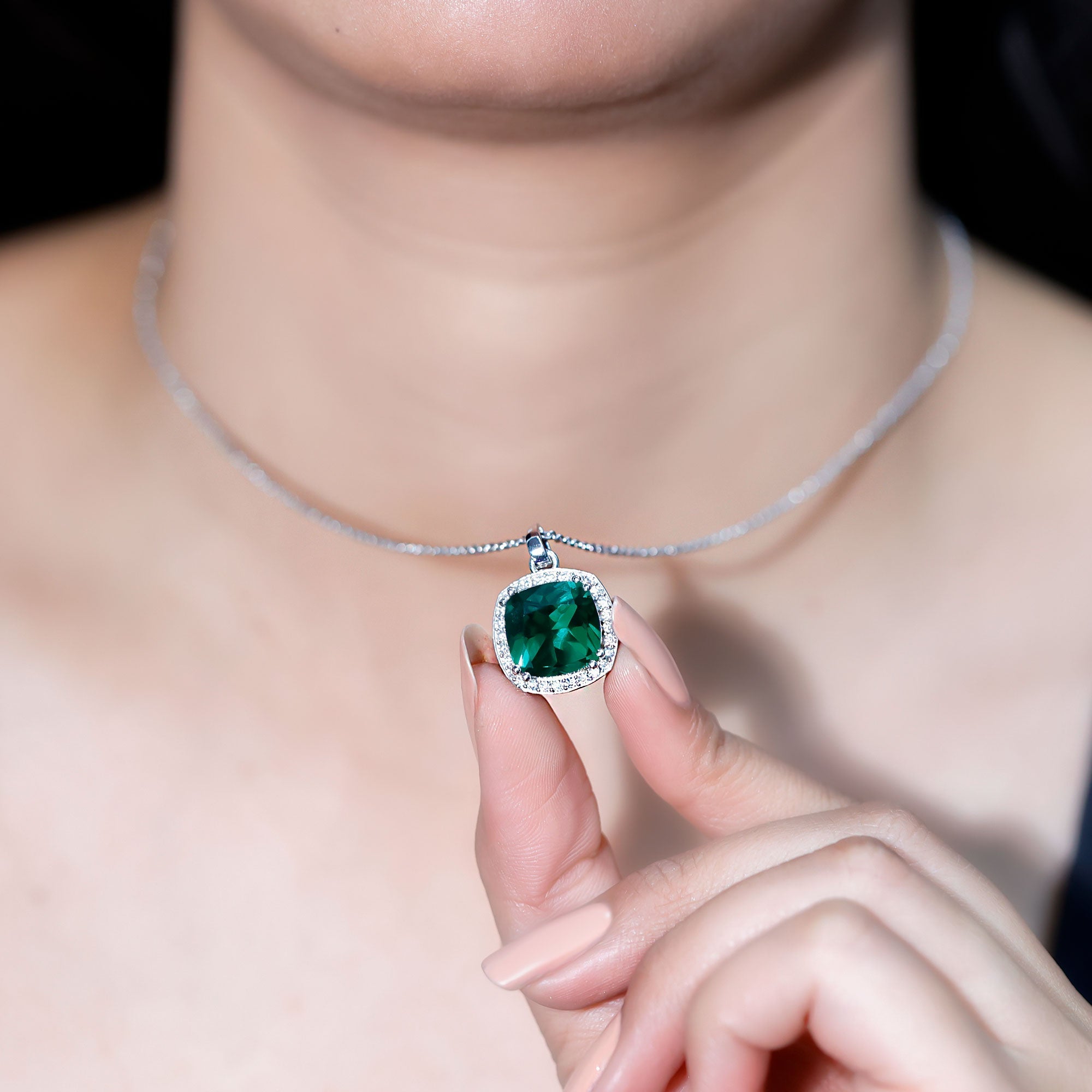 12 MM Lab Grown Emerald Statement Necklace with Moissanite Halo