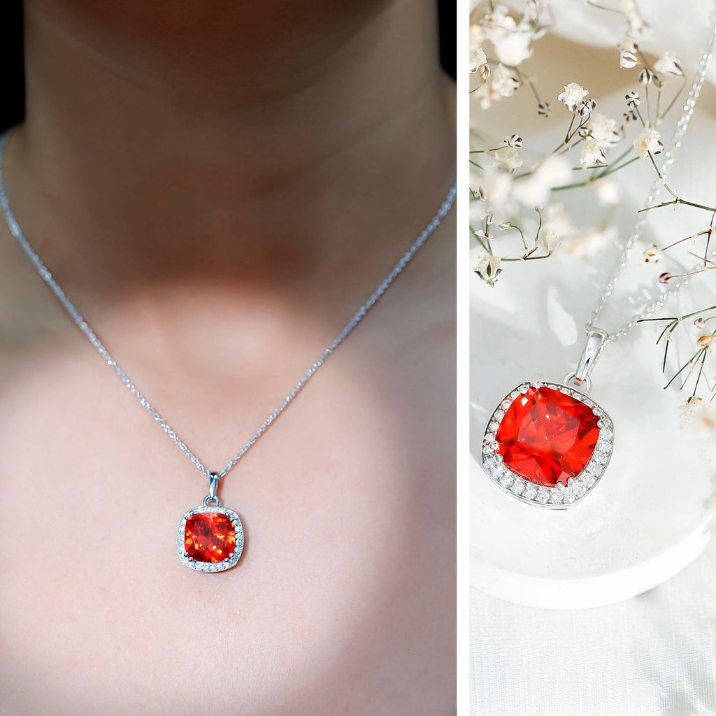 Certified 12 MM Lab Grown Orange Sapphire Necklace With Moissanite Halo