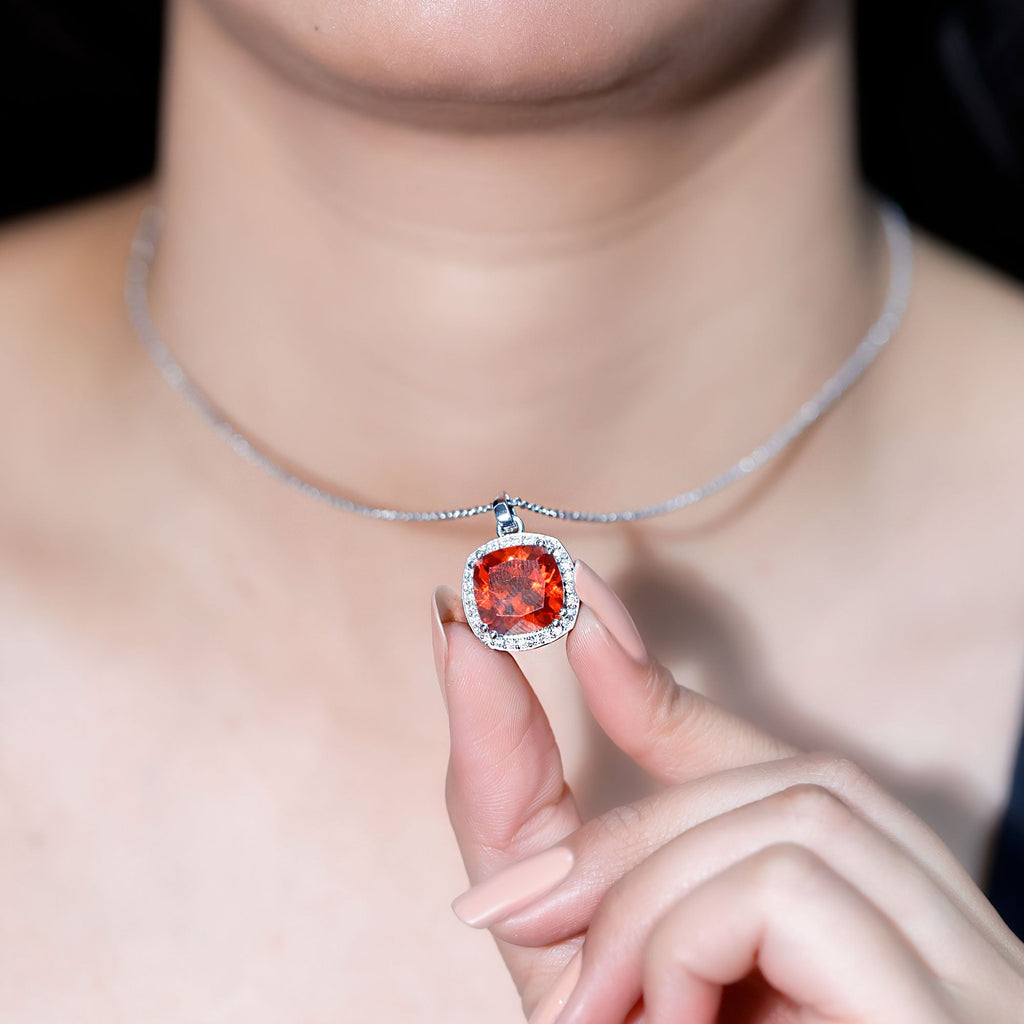 Certified 12 MM Lab Grown Orange Sapphire Necklace With Moissanite Halo