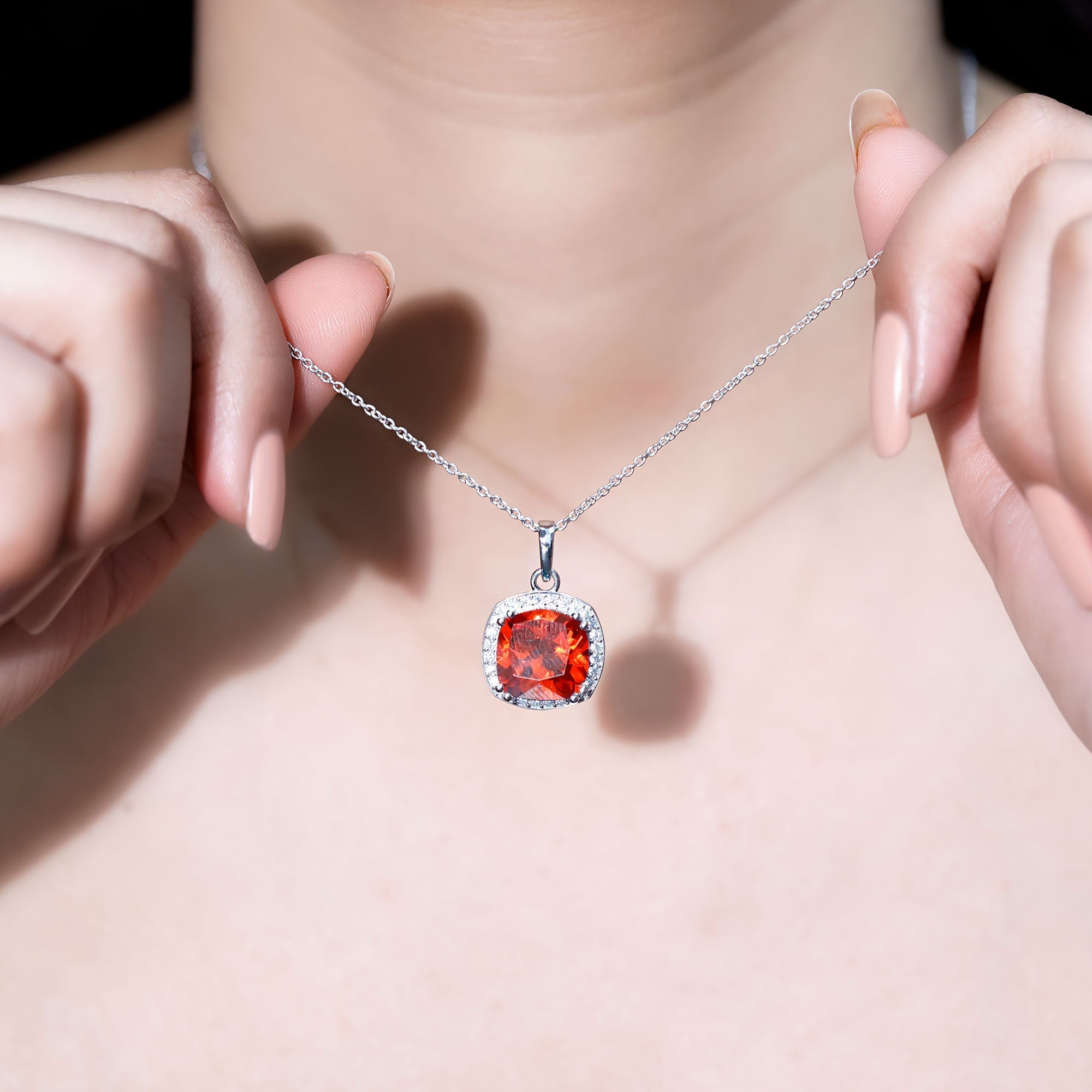 Certified 12 MM Lab Grown Orange Sapphire Necklace With Moissanite Halo