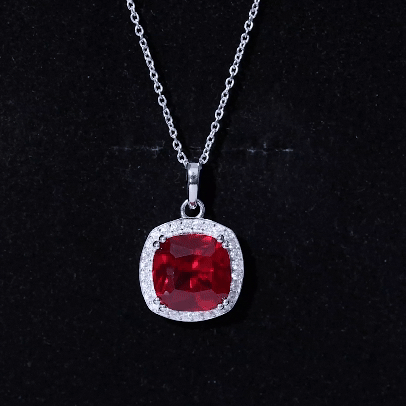 12MM Cushion Lab Grown Ruby and Moissanite Halo Pendant Necklace