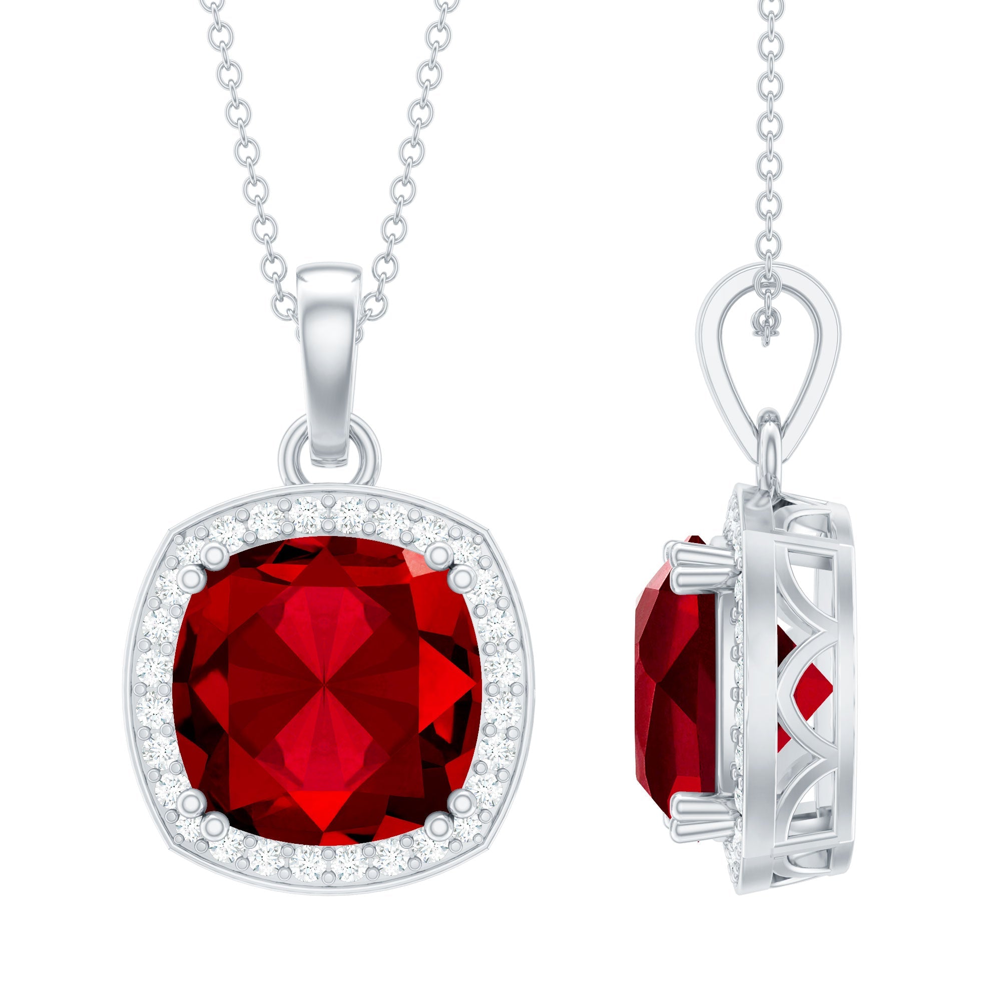 12MM Cushion Lab Grown Ruby and Moissanite Halo Pendant Necklace