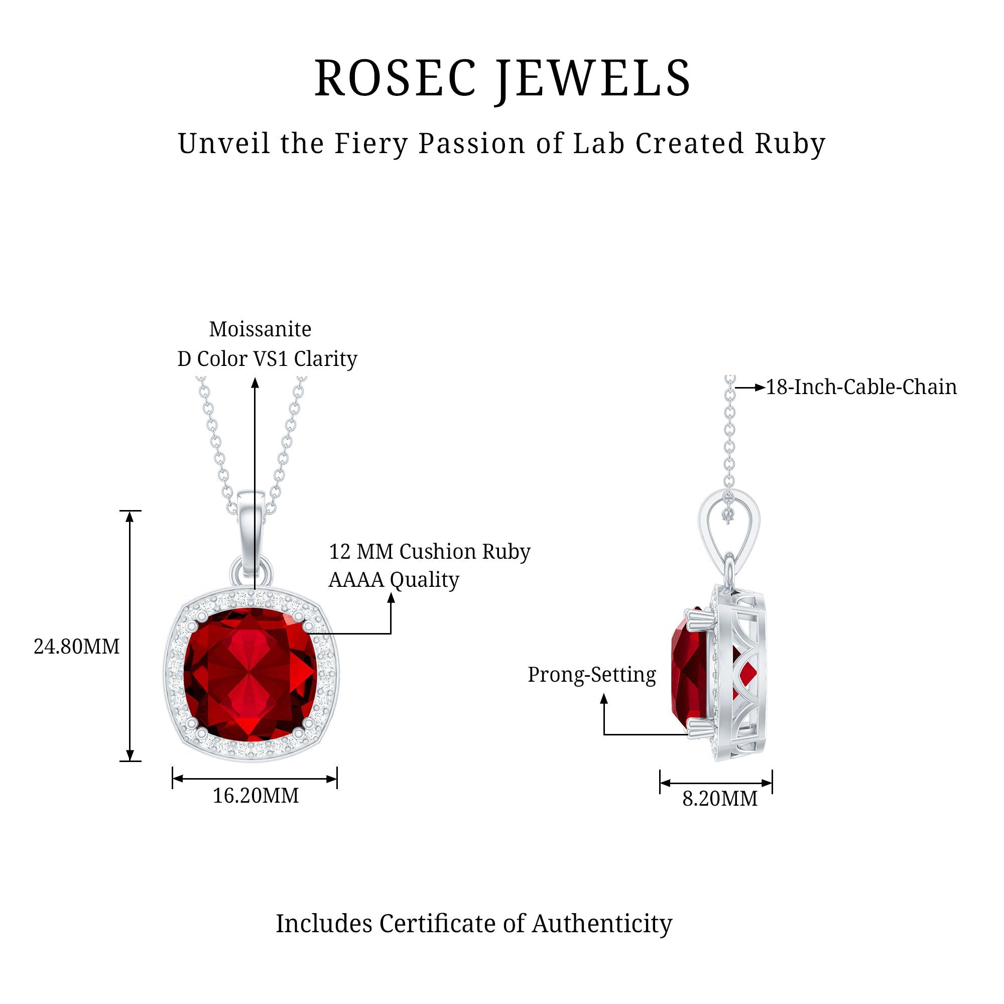 12MM Cushion Lab Grown Ruby and Moissanite Halo Pendant Necklace