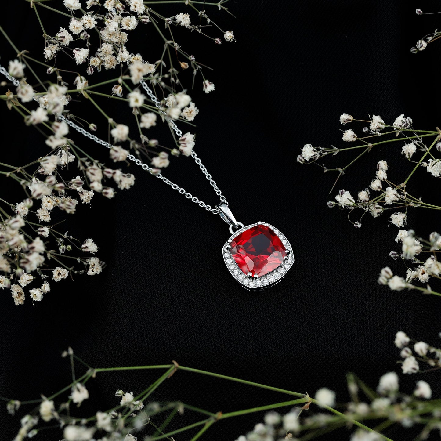 12MM Cushion Lab Grown Ruby and Moissanite Halo Pendant Necklace
