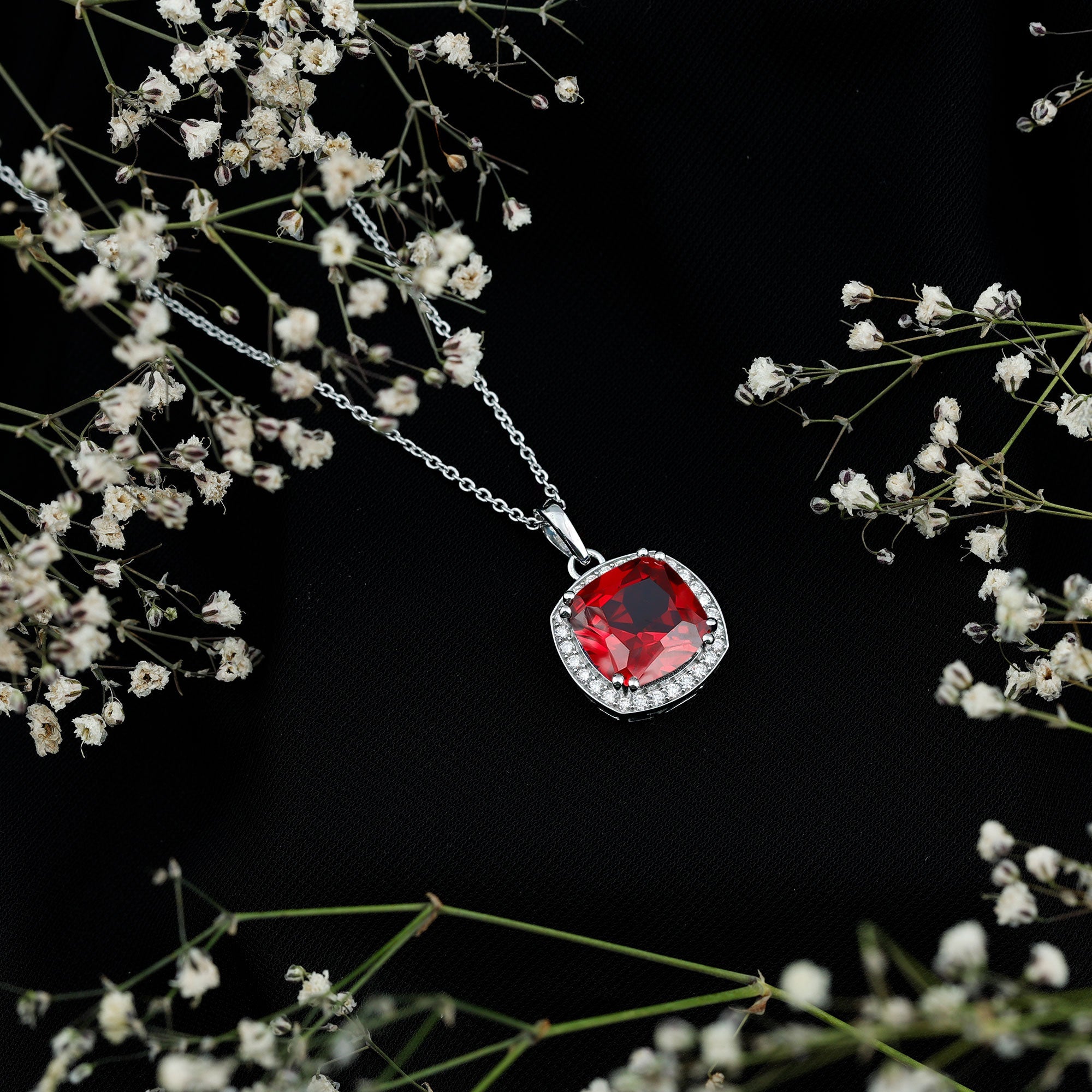 12MM Cushion Lab Grown Ruby and Moissanite Halo Pendant Necklace