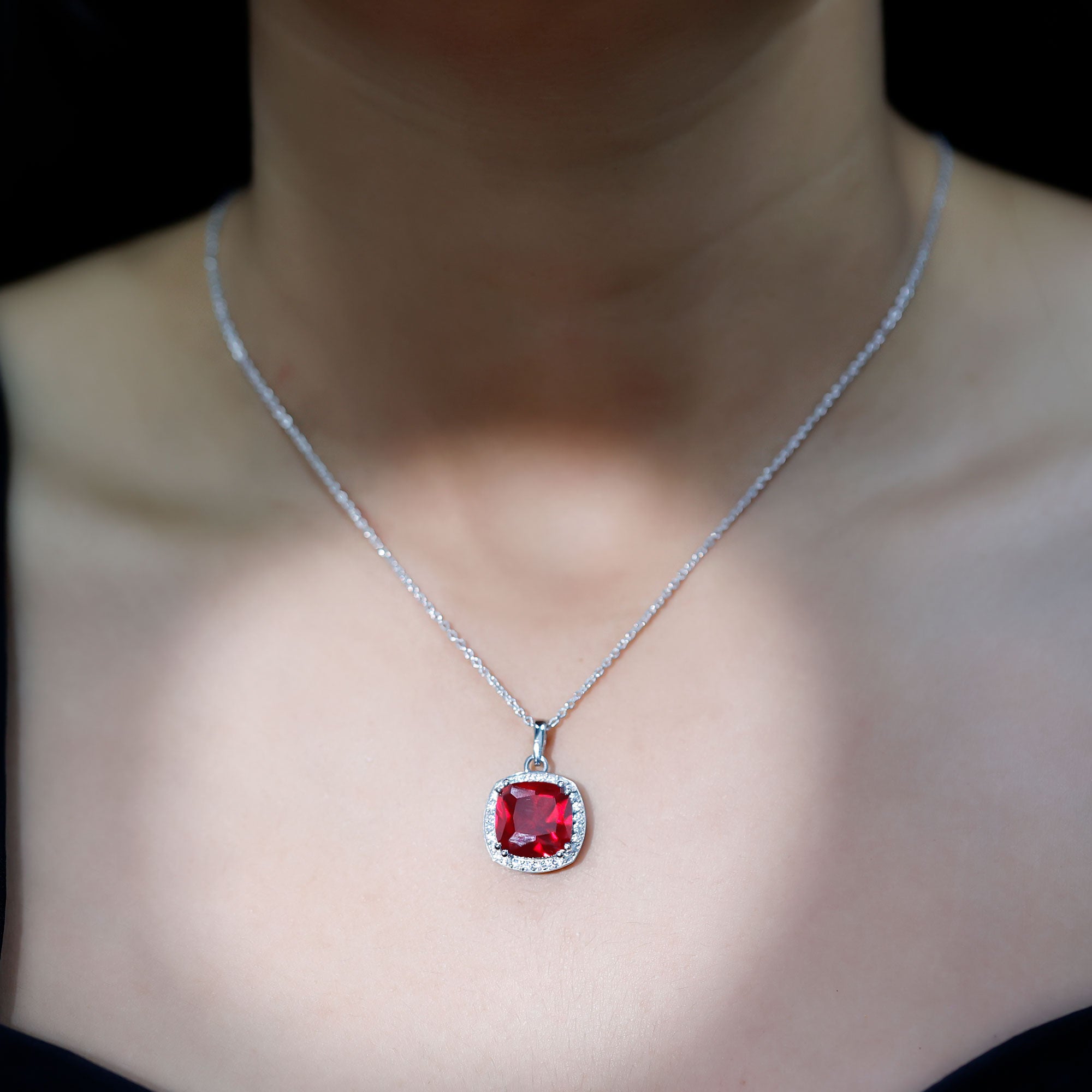 12MM Cushion Lab Grown Ruby and Moissanite Halo Pendant Necklace