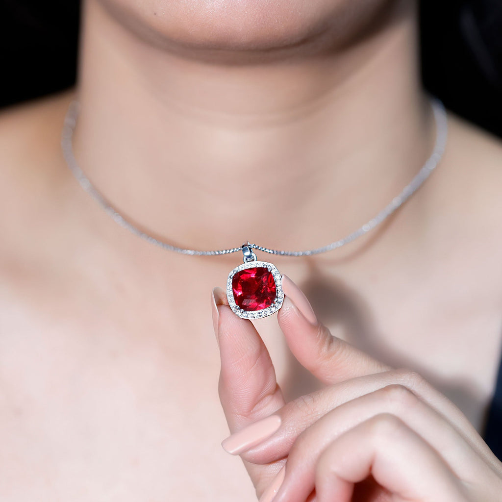 12MM Cushion Lab Grown Ruby and Moissanite Halo Pendant Necklace