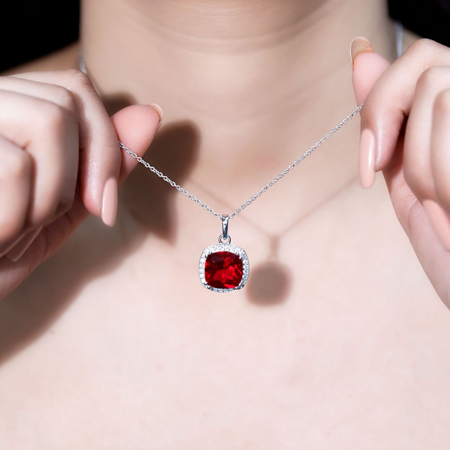 12MM Cushion Lab Grown Ruby and Moissanite Halo Pendant Necklace