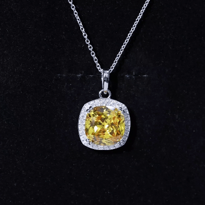 Cushion Cut Lab Yellow Sapphire Statement Halo Pendant with Moissanite