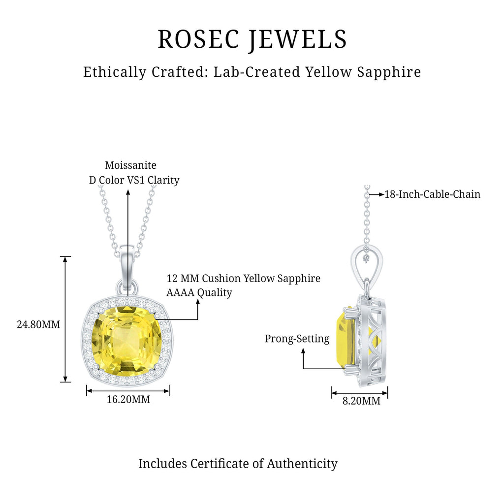 Cushion Cut Lab Yellow Sapphire Statement Halo Pendant with Moissanite