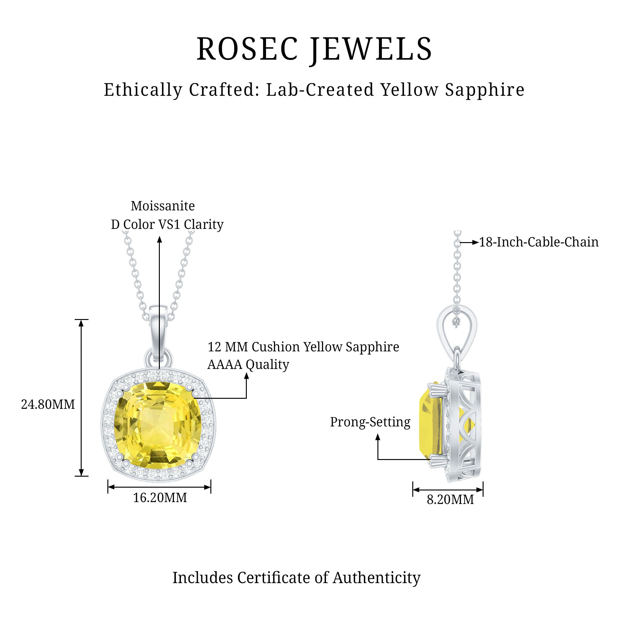 Cushion Cut Lab Yellow Sapphire Statement Halo Pendant with Moissanite