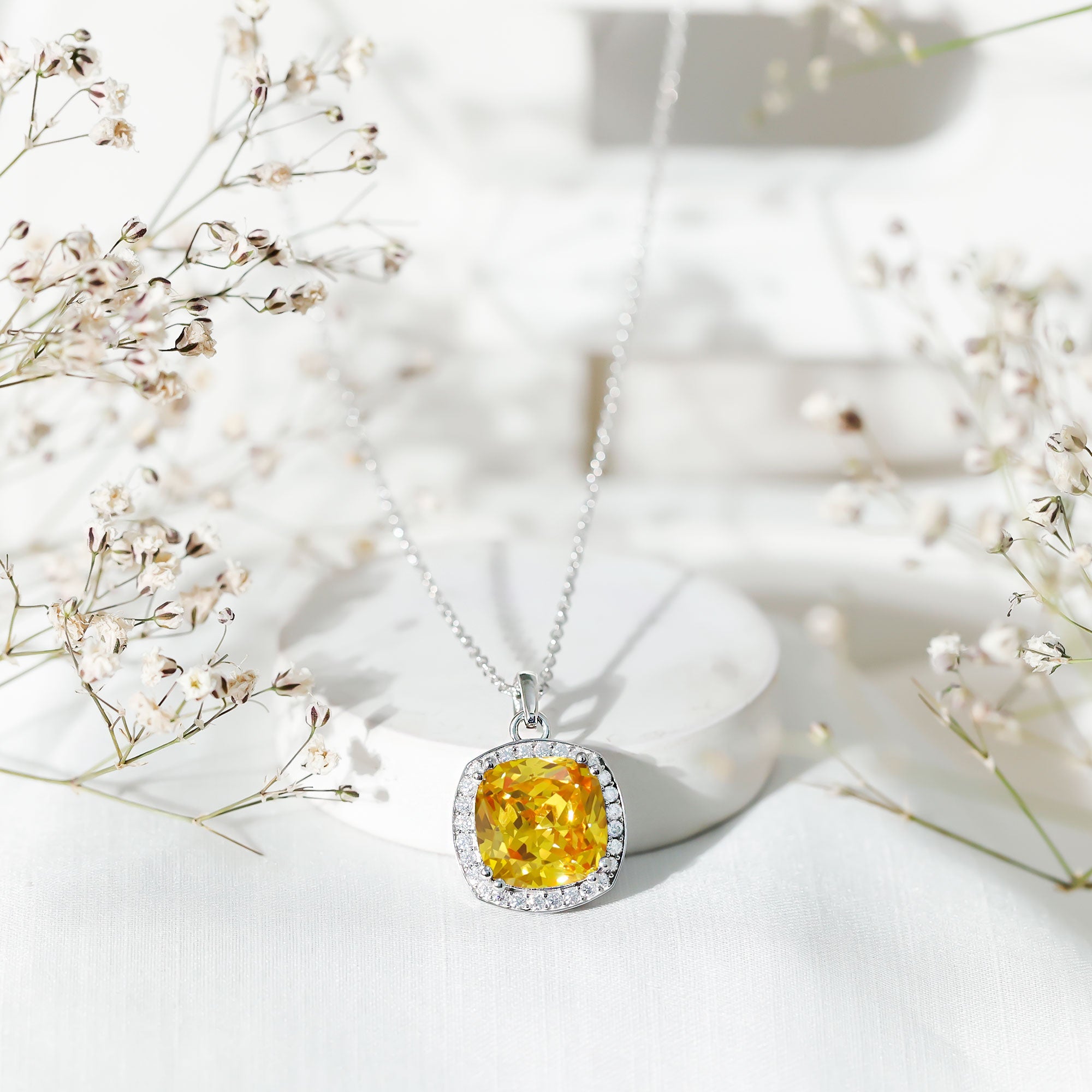 Cushion Cut Lab Yellow Sapphire Statement Halo Pendant with Moissanite