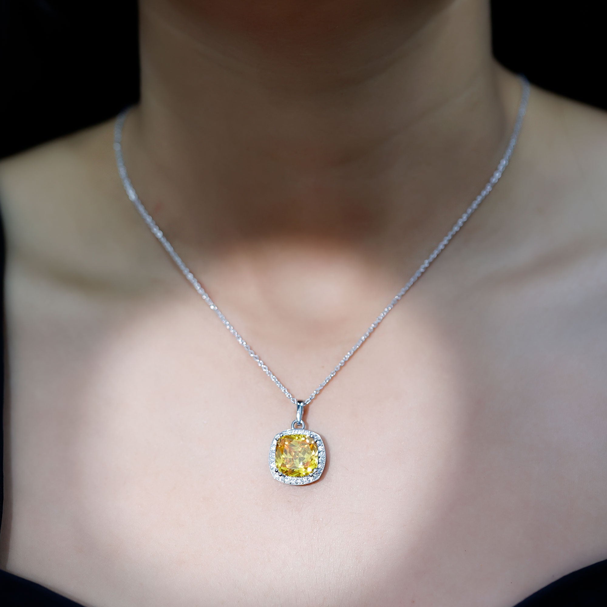 Cushion Cut Lab Yellow Sapphire Statement Halo Pendant with Moissanite