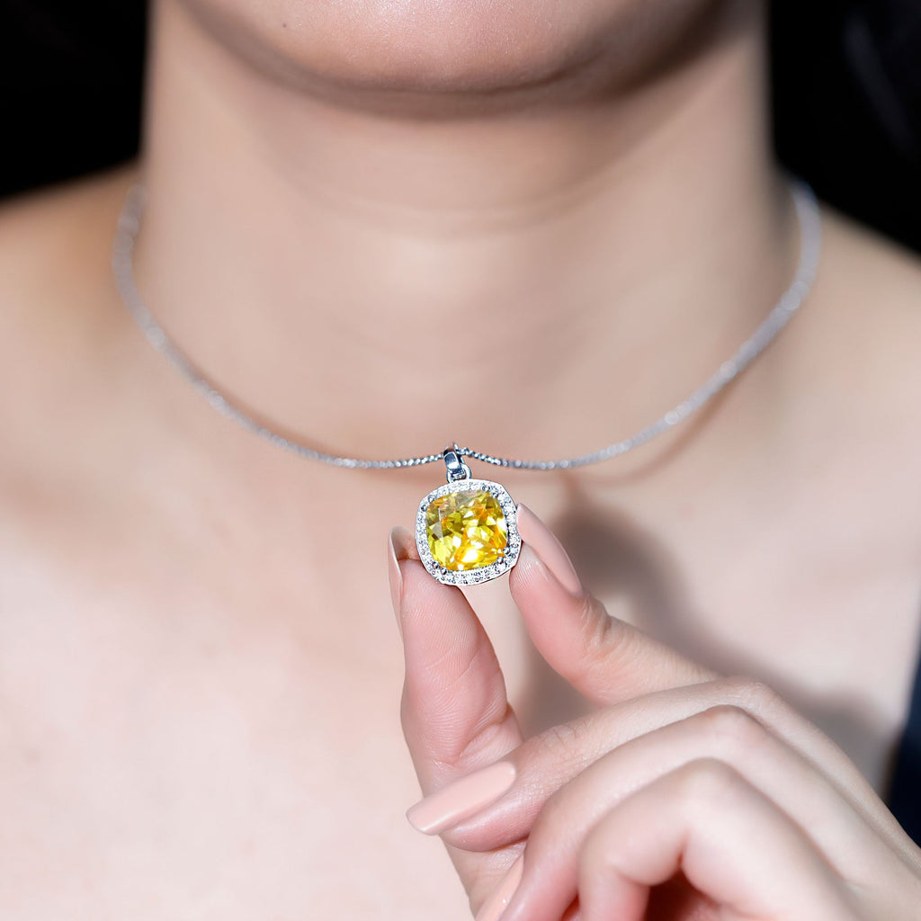 Cushion Cut Lab Yellow Sapphire Statement Halo Pendant with Moissanite