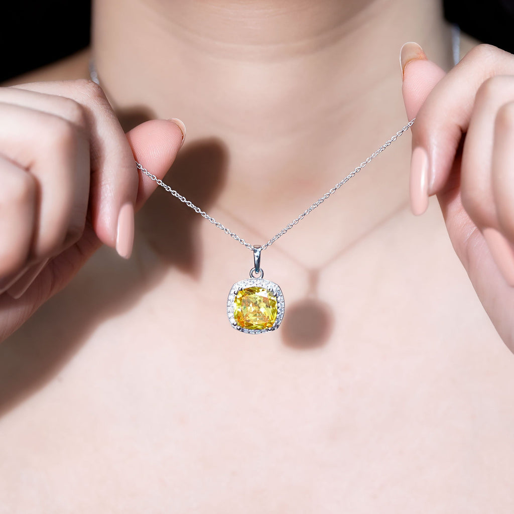 Cushion Cut Lab Yellow Sapphire Statement Halo Pendant with Moissanite