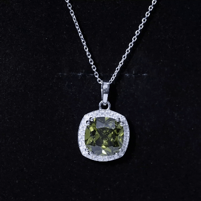 12MM Cushion Cut Lab Grown Green Sapphire Moissanite Halo Pendant Necklace