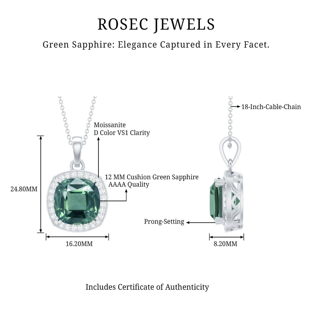 12MM Cushion Cut Lab Grown Green Sapphire Moissanite Halo Pendant Necklace