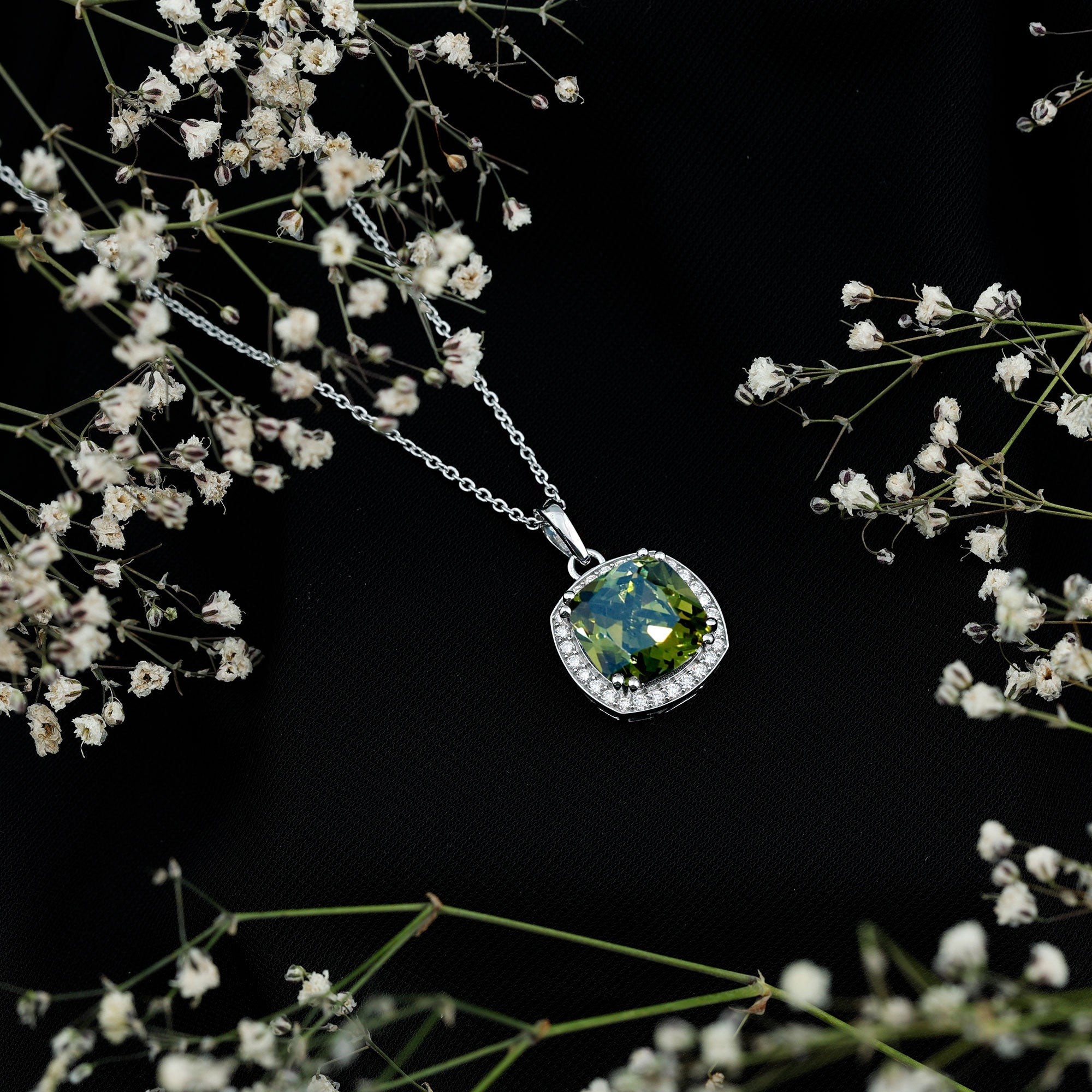 12MM Cushion Cut Lab Grown Green Sapphire Moissanite Halo Pendant Necklace