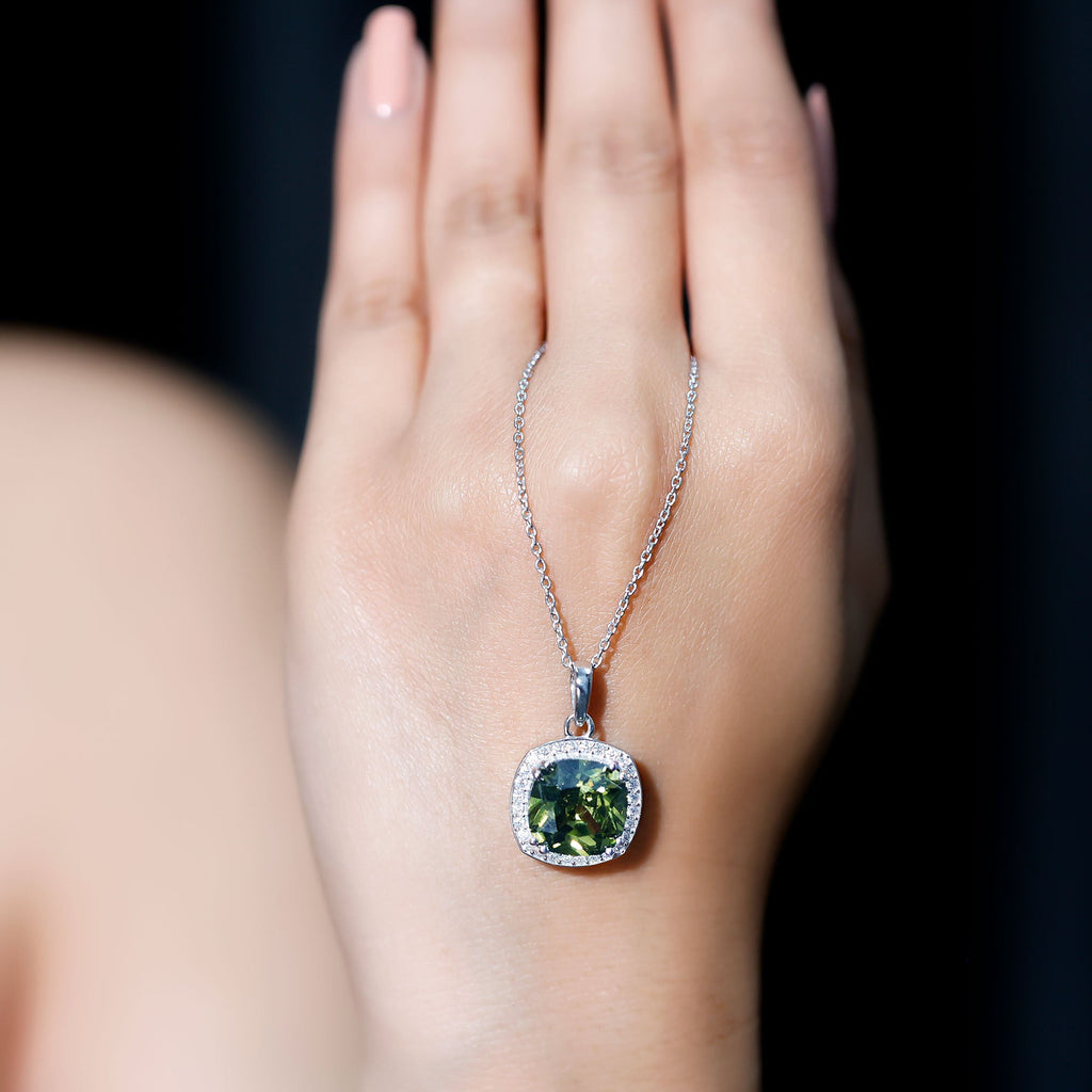 12MM Cushion Cut Lab Grown Green Sapphire Moissanite Halo Pendant Necklace