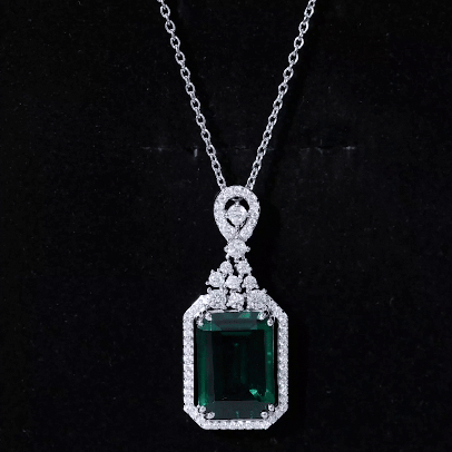 Created Emerald Vintage Style Pendant Necklace for Women With Silver Chain