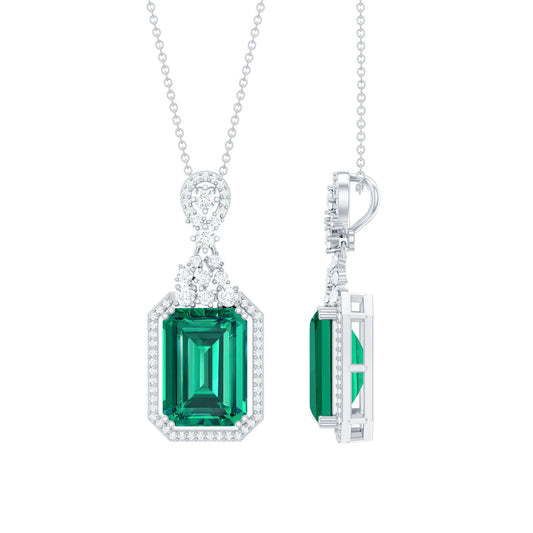Created Emerald Vintage Style Pendant Necklace for Women With Silver Chain