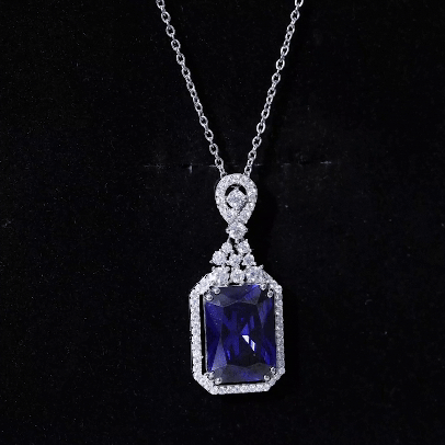 10X14 MM Lab Grown Blue Sapphire Silver Vintage Necklace With Moissanite Accents